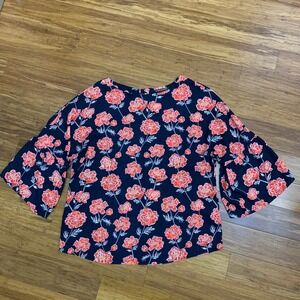 Banana Republic Floral Blouse Womens Size‎ Small Bell Sleeve Tie Back Navy Red